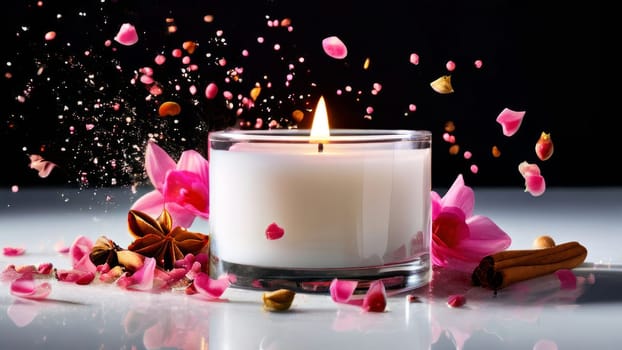 Tranquil candle setting with flower petals, fresh fruits, and aromatic spices. Captures essence of serenity, ideal for wellness promotions and inviting home decor