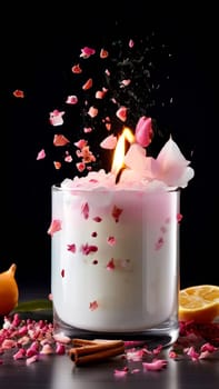 Tranquil candle setting with flower petals, fresh fruits, and aromatic spices. Captures essence of serenity, ideal for wellness promotions and inviting home decor