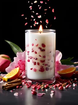 Tranquil candle setting with flower petals, fresh fruits, and aromatic spices. Captures essence of serenity, ideal for wellness promotions and inviting home decor
