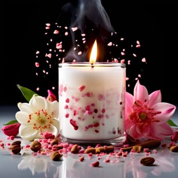 Tranquil candle setting with flower petals, fresh fruits, and aromatic spices. Captures essence of serenity, ideal for wellness promotions and inviting home decor