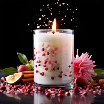Peaceful candle scene featuring vibrant petals, fresh apple, and citrus slices. Great for promoting relaxation, wellness, and cozy home environments