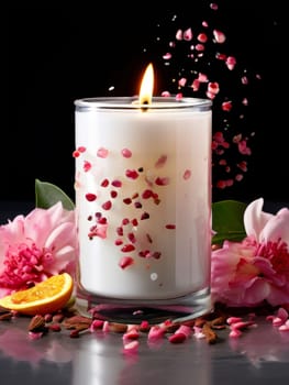 Peaceful candle scene featuring vibrant petals, fresh apple, and citrus slices. Great for promoting relaxation, wellness, and cozy home environments