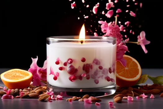 Peaceful candle scene featuring vibrant petals, fresh apple, and citrus slices. Great for promoting relaxation, wellness, and cozy home environments