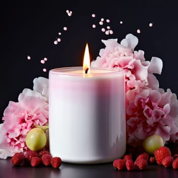 Peaceful candle scene featuring vibrant petals, fresh apple, and citrus slices. Great for promoting relaxation, wellness, and cozy home environments