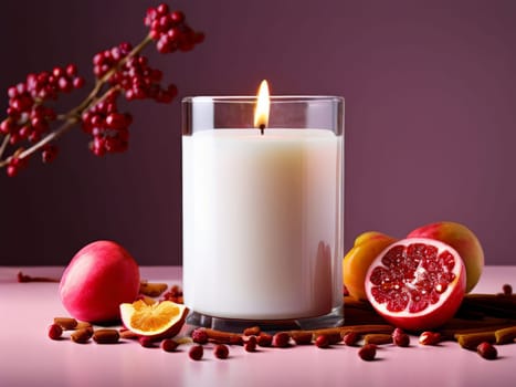 Inviting candle ambiance surrounded by colorful petals, fruit slices, and spices. Perfect for enhancing relaxation, spa experiences, and holiday-themed content