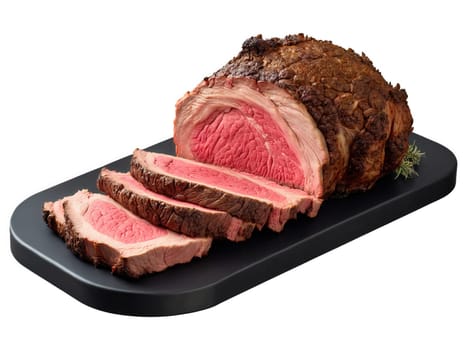 Juicy prime rib roast with deep brown crust, pink interior, dramatic carving shot, succulent details, mouthwatering impact visual.