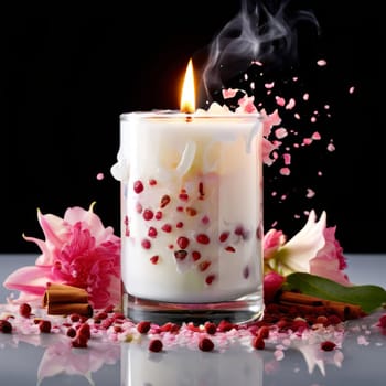 Serene candlelight with flower petals, fresh citrus, and spices creates a cozy atmosphere. Ideal for promoting wellness, home decor, and lifestyle imagery