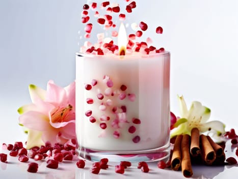 Serene candlelight with flower petals, fresh citrus, and spices creates a cozy atmosphere. Ideal for promoting wellness, home decor, and lifestyle imagery