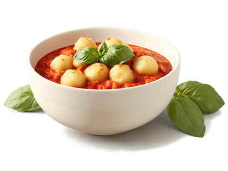 Gnocchi Italy Pillowy potato dumplings in rich tomato sauce with fresh basil and parmesan in rustic ceramic bowl, transparent..