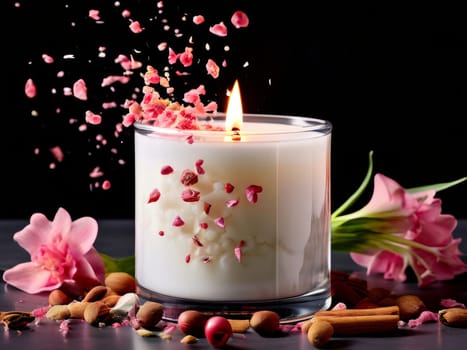 Serene candlelight with flower petals, fresh citrus, and spices creates a cozy atmosphere. Ideal for promoting wellness, home decor, and lifestyle imagery