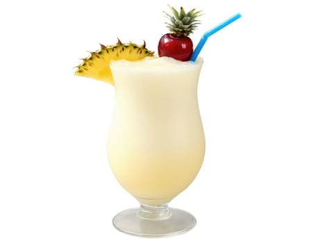 Pina Colada cocktail, creamy white liquid, pineapple wedge and cherry garnish, frosted hurricane glass, tropical blue backdrop..