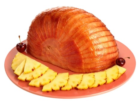 Glazed Ham A glistening, honey-glazed ham on a transparent background, with a crispy, caramelized exterior and tender, juicy slices that..