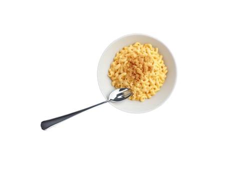Macaroni and cheese, elbow pasta in creamy cheese sauce, golden brown breadcrumb topping, heaping on silver spoon, transparent.