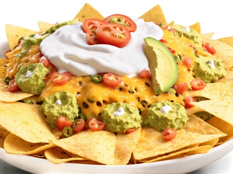 Loaded Nachos Crispy tortilla chips piled high with refried beans, melted cheddar, pico de gallo, guacamole, sour cream, and sliced..