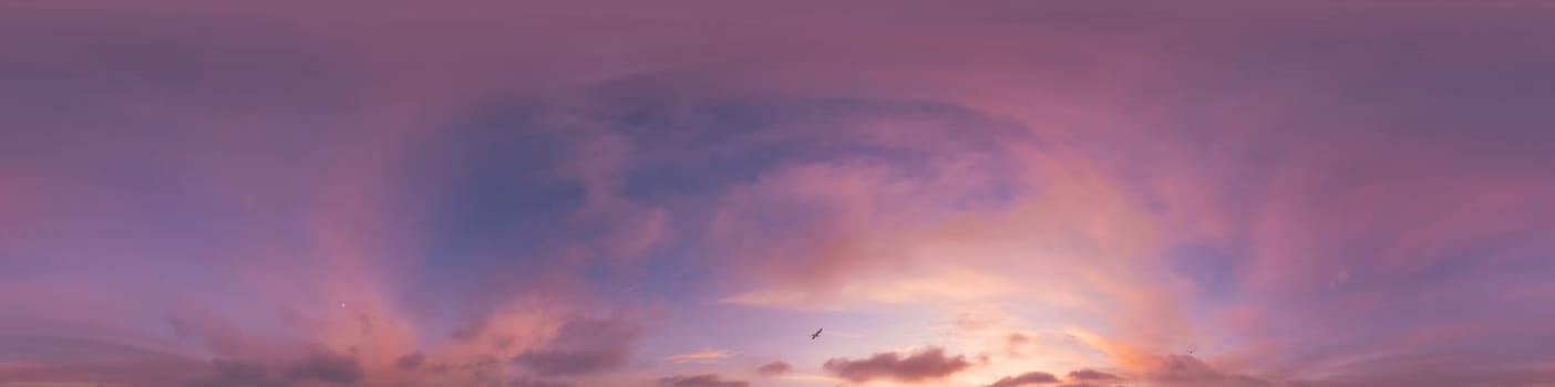 Bright sunset sky panorama with Cirrus clouds. Seamless hdr spherical equirectangular 360 panorama. Sky dome or zenith for 3D visualization, game and sky replacement for aerial drone 360 panoramas.