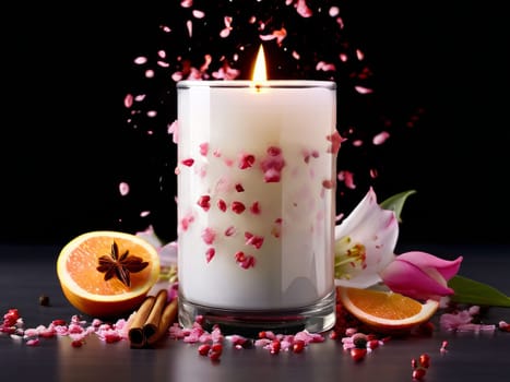 Soothing candle with flower petals, fresh fruits, and spices evokes warmth. Perfect for promoting relaxation, spa experiences, and lifestyle imagery