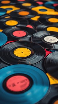 A vibrant display of colorful vinyl records stacked in a circular pattern on a table, featuring shades of red, electric blue, and other bright tints. A playful recreation of light and color