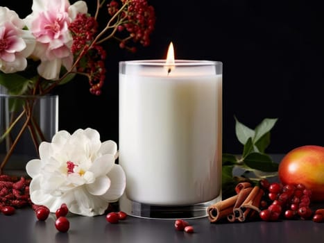 Inviting candlelight surrounded by vibrant flower petals, fresh citrus, and spices. Captures essence of tranquility, ideal for wellness and home decor