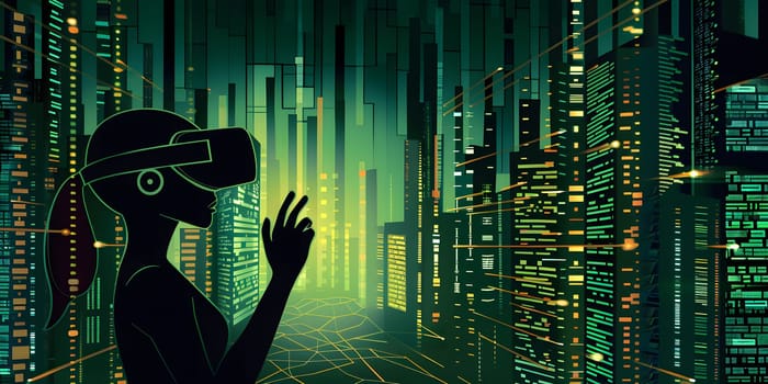 Person exploring futuristic high-tech city using virtual reality headset.