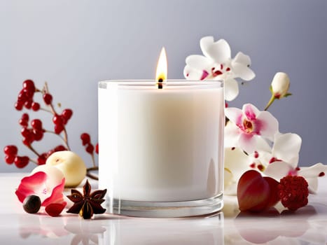 Inviting candlelight surrounded by vibrant flower petals, fresh citrus, and spices. Captures essence of tranquility, ideal for wellness and home decor