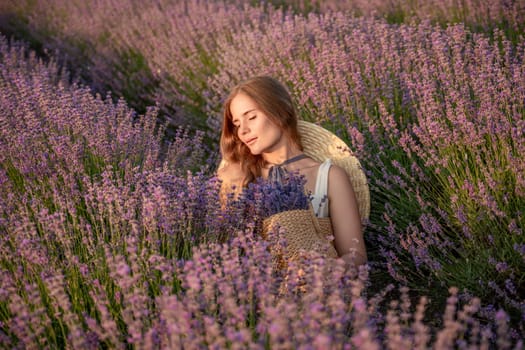 A woman is sitting in a field of lavender flowers. She is wearing a straw hat and holding a basket of flowers. The scene is peaceful and serene, with the woman enjoying the beauty of the flowers