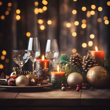 A festive wooden table adorned with holiday decorations, candles, and Christmas ornaments. Perfect for serving drinks with elegant Drinkware and Stemware