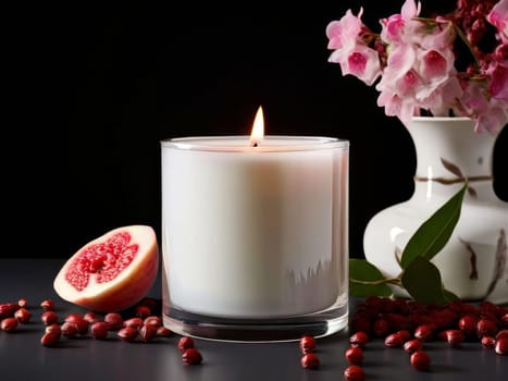 Luxurious candle setting with colorful petals, fruits, and aromatic spices. Great for enhancing relaxation, promoting wellness, and creating inviting home ambiance