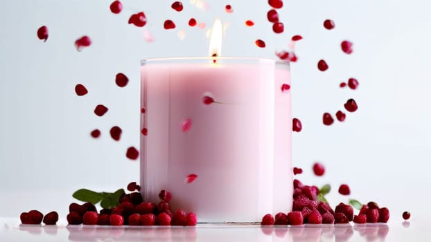 Luxurious candle setting with colorful petals, fruits, and aromatic spices. Great for enhancing relaxation, promoting wellness, and creating inviting home ambiance