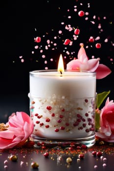 Luxurious candle setting with colorful petals, fruits, and aromatic spices. Great for enhancing relaxation, promoting wellness, and creating inviting home ambiance