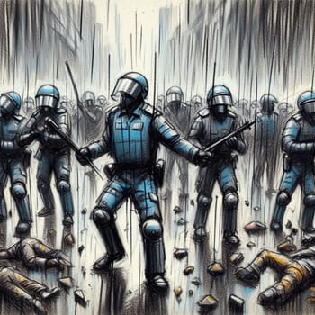 Illustration of armored riot police with batons during a tense urban confrontation