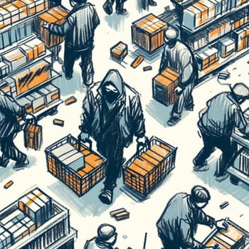 Illustration of warehouse workers handling a variety of cargo boxes with a stylized touch