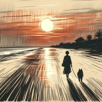 A woman and her dog are walking on a beach at sunset. The sky is orange and the sun is setting. The woman is wearing a dress and the dog is on a leash