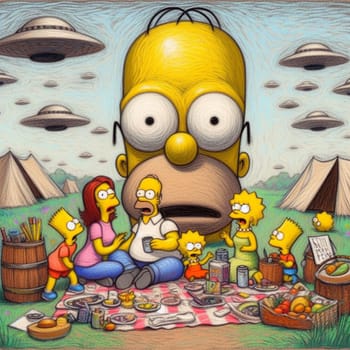 Colorful illustration of a cartoon family enjoying a picnic with flying saucers in the sky
