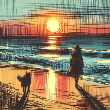 A woman and her dog are walking on the beach at sunset. The sky is orange and the sun is setting