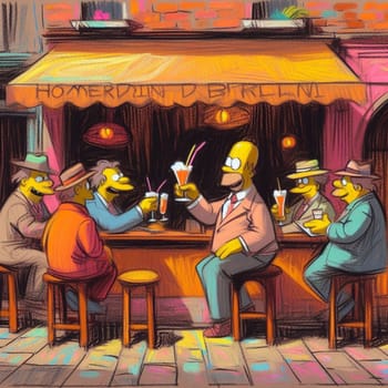 Animated characters enjoying drinks and conversation at a colorful bar setting