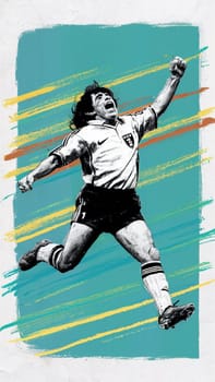 Artistic illustration of a soccer player in vintage style celebrating a victory on a textured background