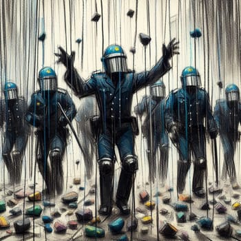 Illustration of riot police in full gear amidst a chaotic scene captured artistically