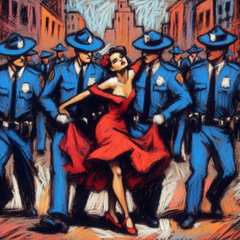 Woman wearing a red dress surrounded by uniformed officers in a city setting