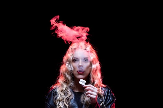 A stunning and striking portrait showcasing colorful smoke effects alongside highly creative and unique styling
