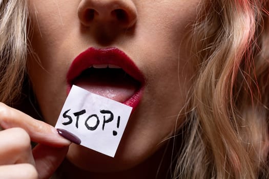 A confident woman expresses her feelings with vibrant lipstick and a handwritten note in an enchanting image