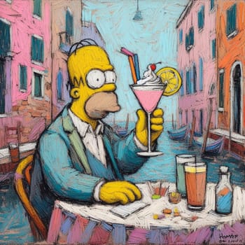 Homer simpson portrayed in an artistic image savoring a drink in venice