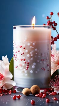 Tranquility embodied in candle with vibrant petals, fresh fruits, and spices. Ideal for promoting relaxation, cozy home decor, and wellness experiences