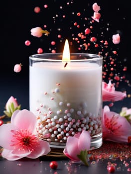 Tranquility embodied in candle with vibrant petals, fresh fruits, and spices. Ideal for promoting relaxation, cozy home decor, and wellness experiences