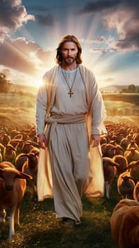 Serene image depicting a shepherd with sheep in a pastoral scene during golden hour