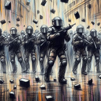 Futuristic digital illustration of riot control officers standing ready in a futuristic cityscape