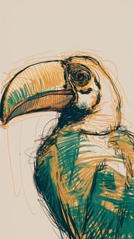 Artistic rendering of a toucan in vibrant scribble style with a minimalist tan backdrop