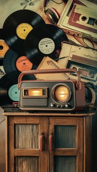 Artistic image showcasing a nostalgic array of music memorabilia, featuring a classic radio, vinyl records, and retro cassette tapes stacked in a timeless, antique setting