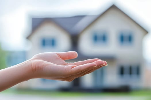 A hand holding a house in the background. The house is white and has blue windows. The hand is holding the house in a way that it looks like it is being offered to someone