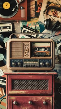 Nostalgic collection of vintage audio equipment, including a classic radio, vinyl records, old photographs, and headphones, evoking the charm of bygone musical eras