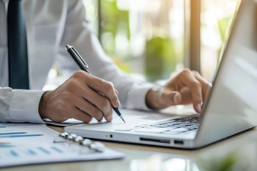 A man is writing on a laptop with a pen. He is wearing a white shirt and a black tie. Concept of professionalism and focus as the man works on his laptop